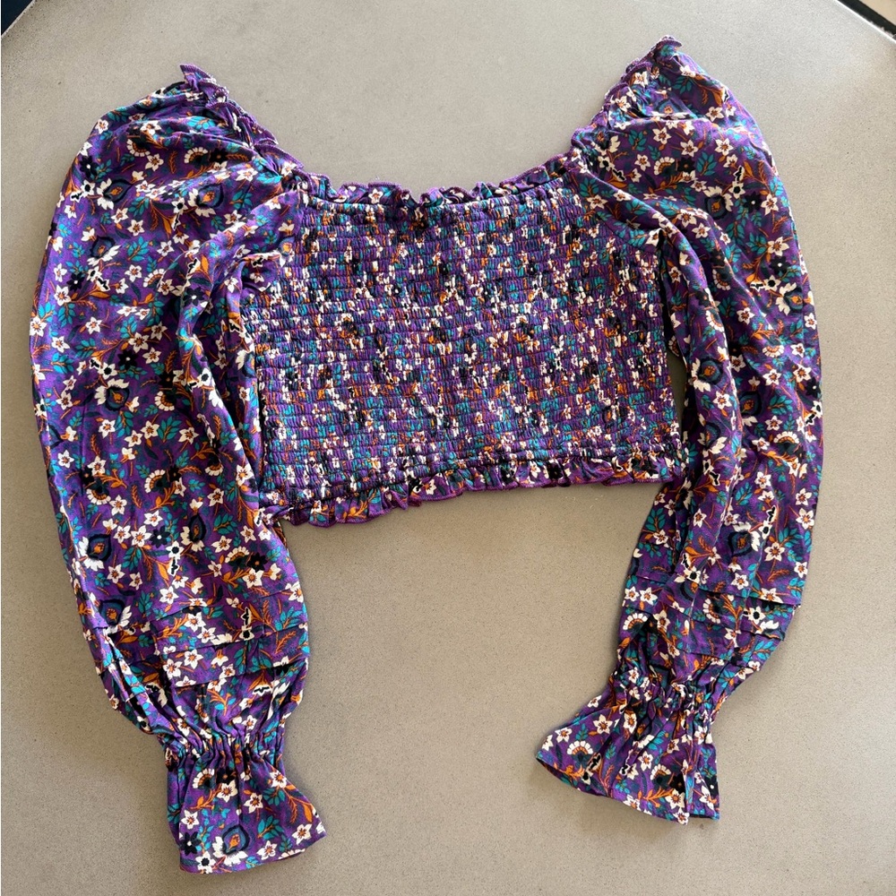 Smocked Off-Shoulder Floral Crop Top in Purple